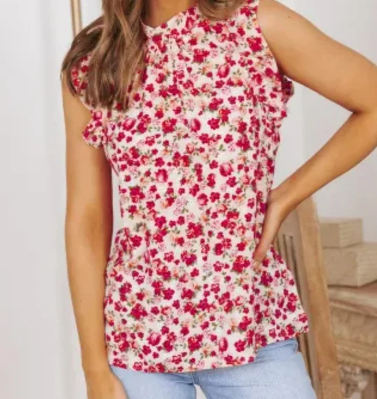 ♥️New Red floral print mock neck top - Picture 7 of 16